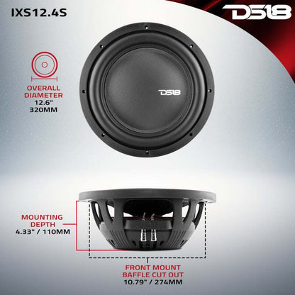 DS18 12in 800 Watts RMS 4 ohm SVC Shallow Mount Fiber Glass Subwoofer IXS Series