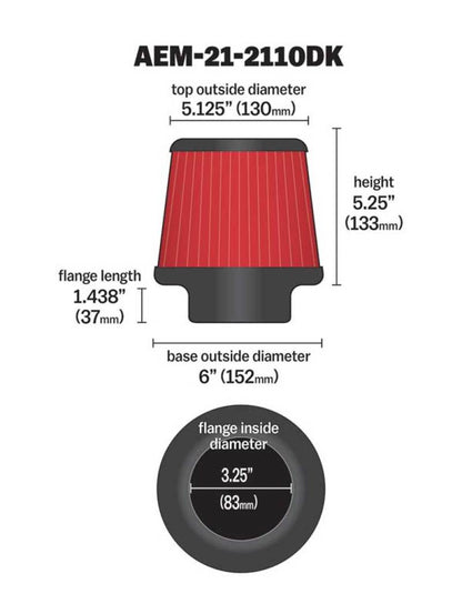 AEM Induction AEM 3.25 in DRY Flow Short Neck 5 in Element Filter