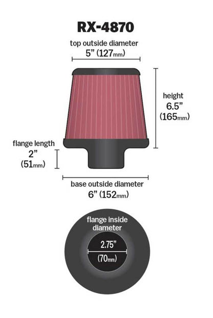 K&N Engineering K&N Filter Universal X Stream Clamp-On 2 3/4 inch Flange 6 inch Base  5 inch Top 6 1/2 inch Height