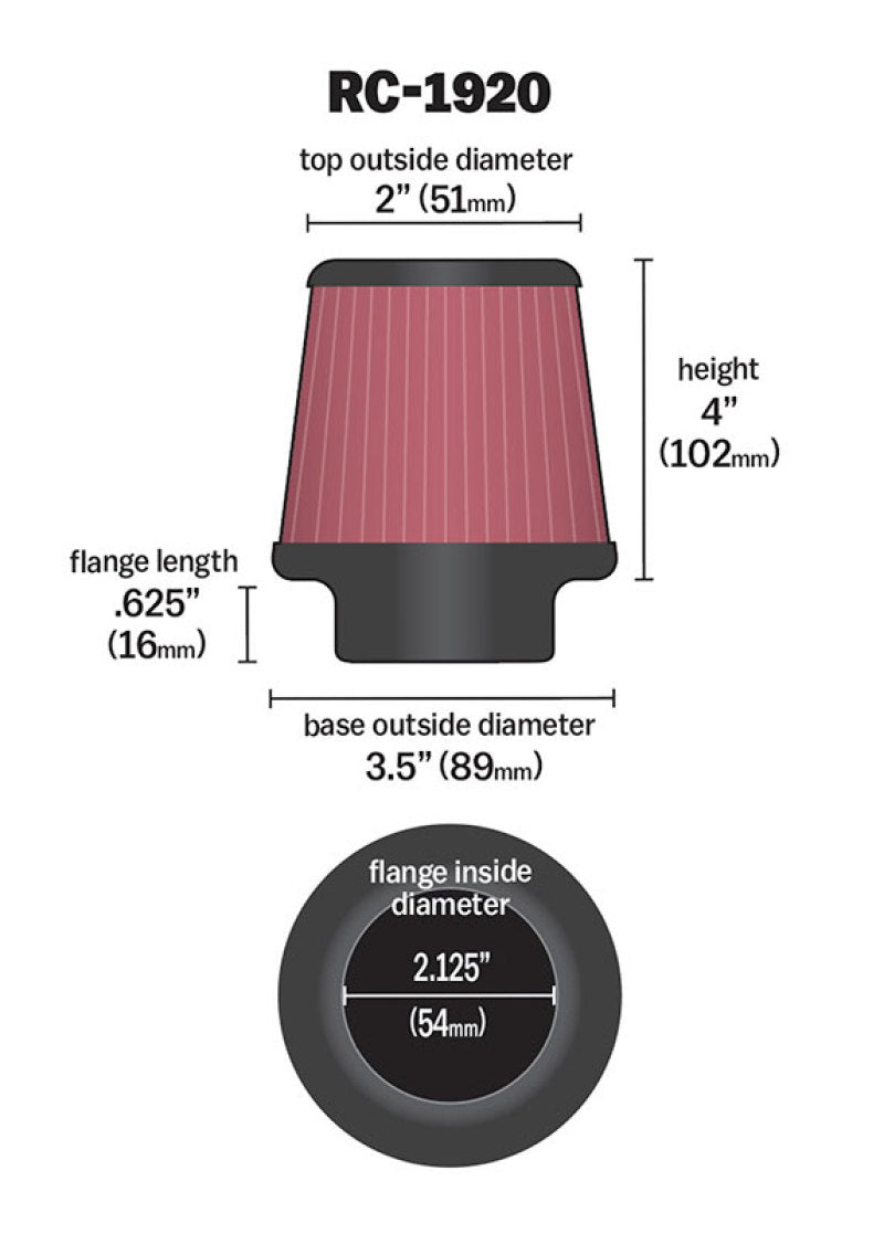 K&N Engineering K&N Universal Clamp-On Air Filter 2-1/8in Flange 3-1/2in Base 2in Top 4in Height