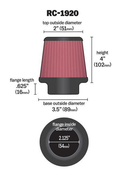 K&N Engineering K&N Universal Clamp-On Air Filter 2-1/8in Flange 3-1/2in Base 2in Top 4in Height