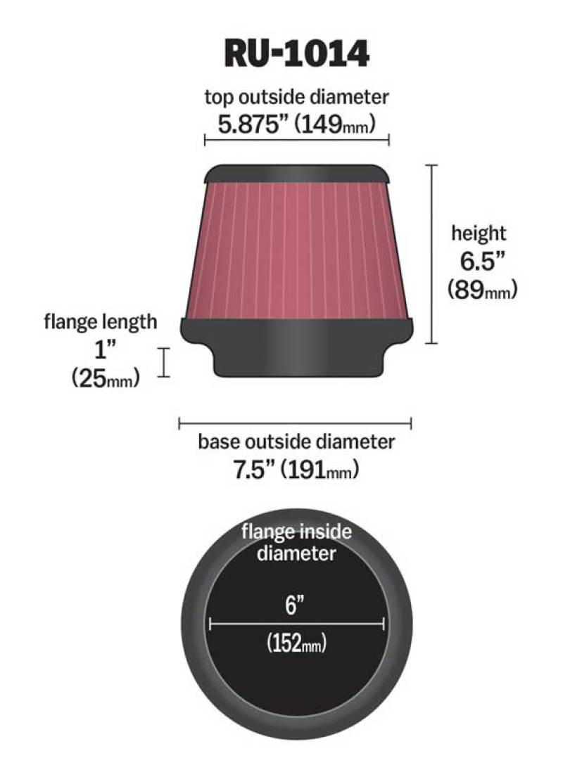 K&N Engineering K&N Universal Tapered Filter 6in Flange ID x 7.5in Base OD x 5.875in Top OD x 6.5in Height