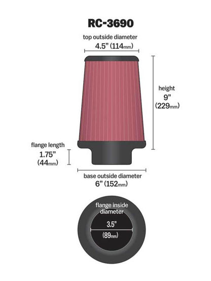K&N Engineering K&N Universal Chrome Filter 3 1/2 inch ID FLG / 6 inch Bottom / 4 1/2 inch CR / 9 inch Length