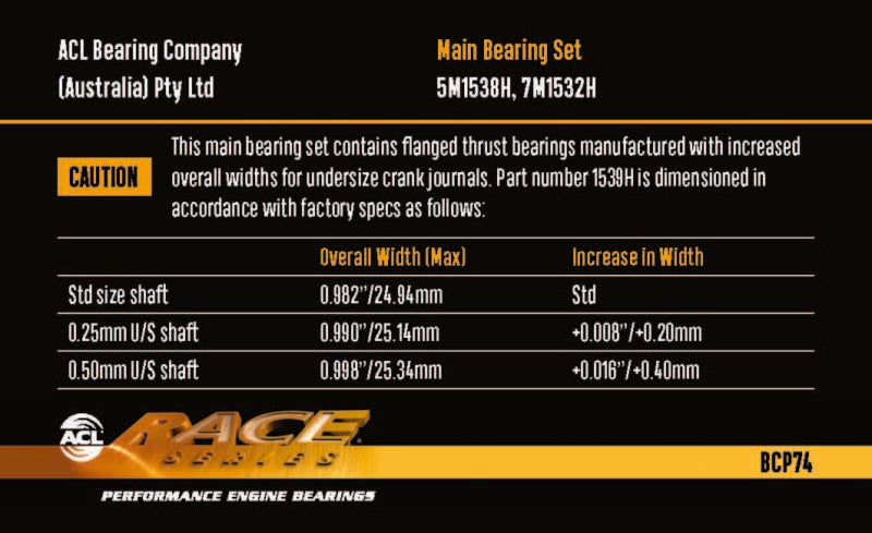 ACL BMW M20/M50/M52/M54  - 1919CC 80.0mm Bore 66.0mm Stroke .025 Oversized Main Bearing Set