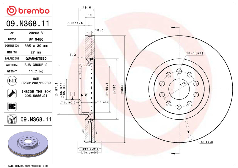 Brembo OE Brembo 21-22 Lexus ES250/19-22 Lexus ES300h/19-22 Lexus ES350/19-22 UX200 Front UV Coated Rotor