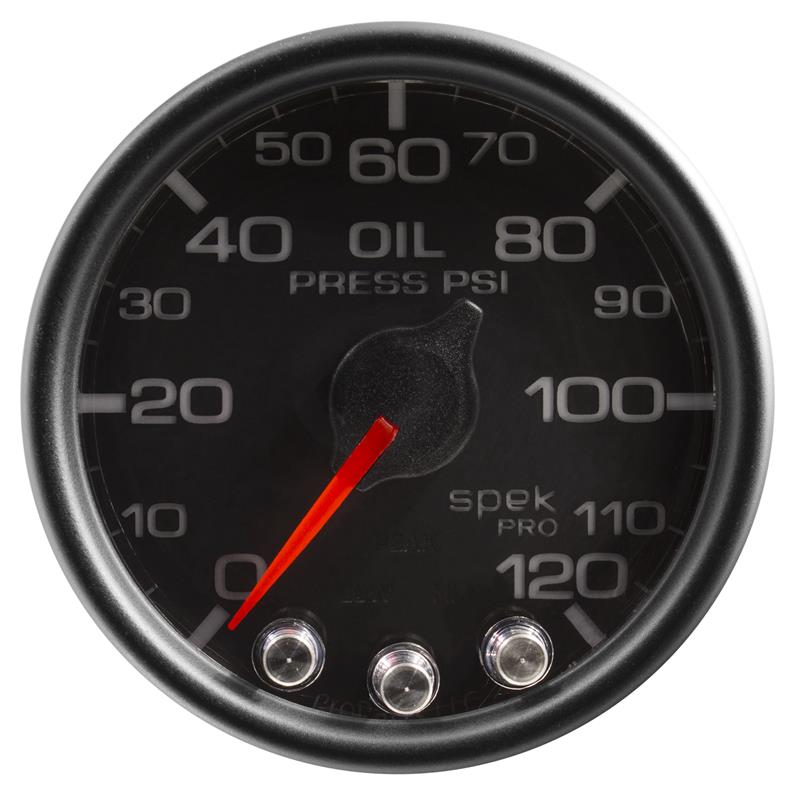 Autometer Spek-Pro Gauge Oil Press 2 1/16in 120psi Stepper Motor W/Peak & Warn Blk/Blk