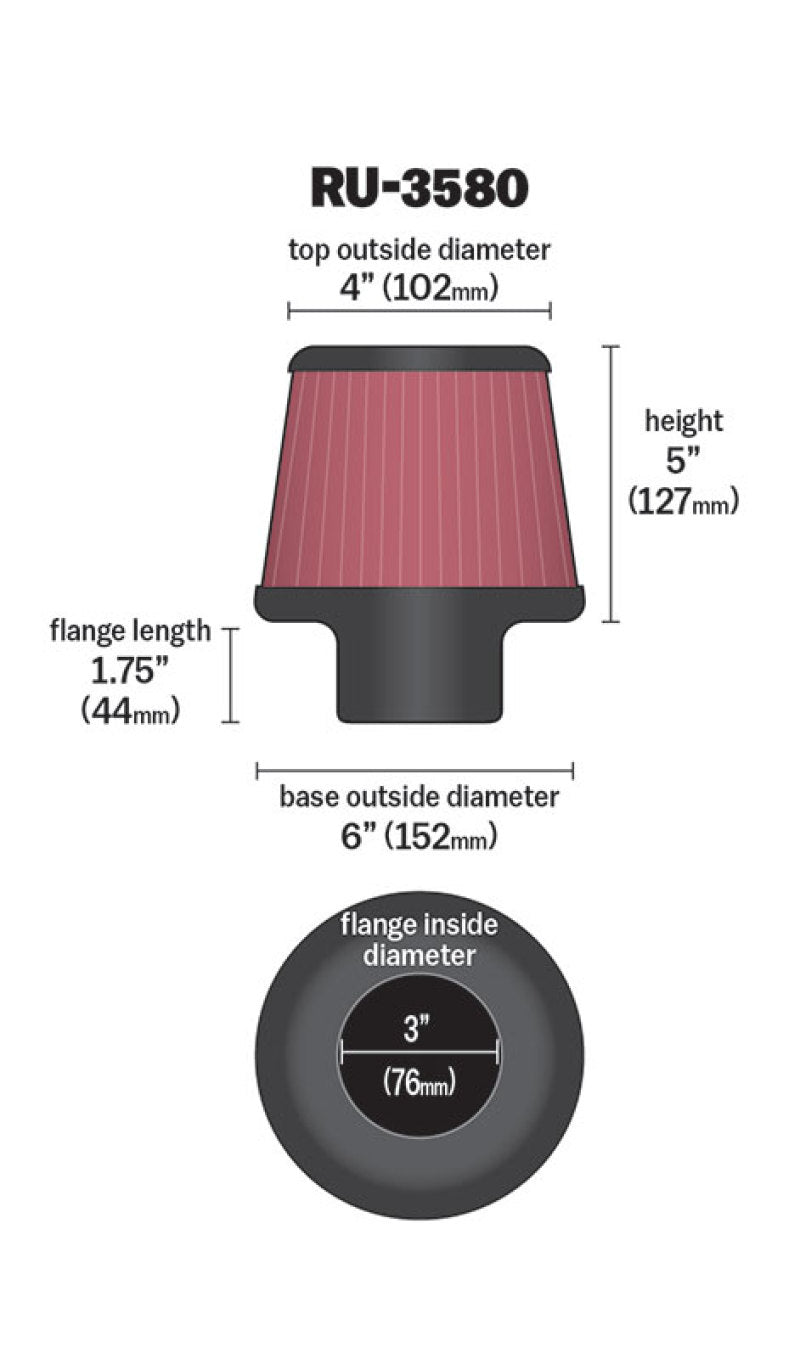 K&N Engineering K&N Filter Universal Rubber Filter 3 Inch Flange 6 inch Base 4 inch Top 5 inch Height