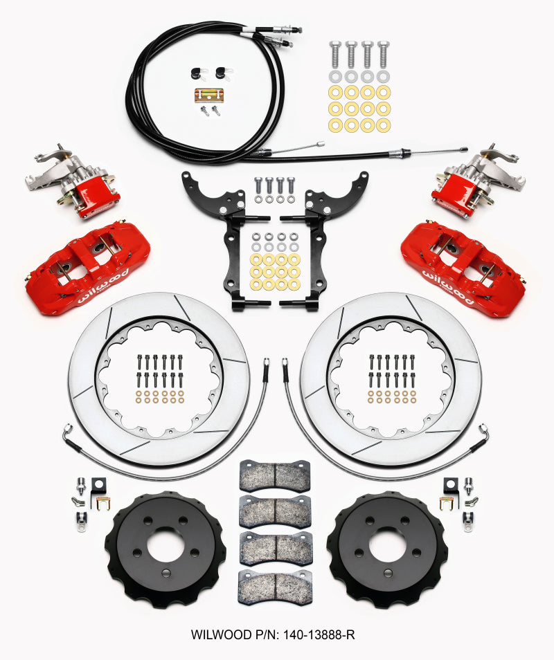 Wilwood AERO4 / MC4 Rear Kit 14.00 Red 15-23 Mustang w/Lines & Cables