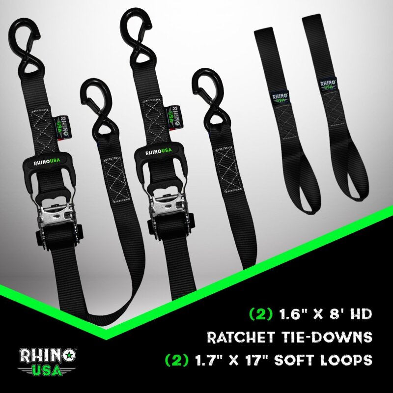 Rhino USA Heavy Duty Ratchet Tie-Downs 2-Pack (Blue) 1.6In X 8Ft