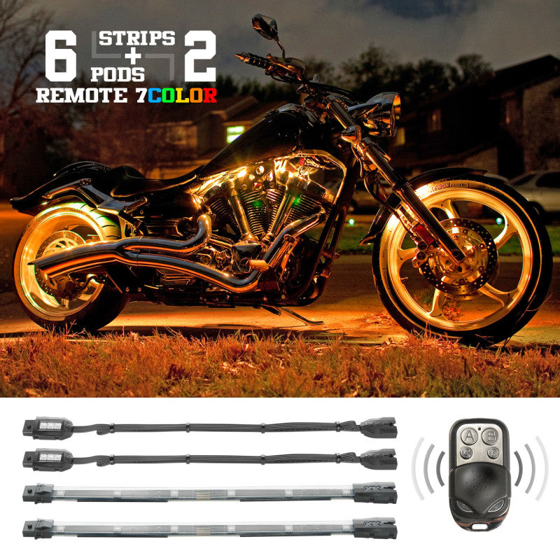 XKGLOW XK Glow Flex Strips 7 Color LED Accent Light Motorcycle/ATV (6xCompact Pods + 2x10In)