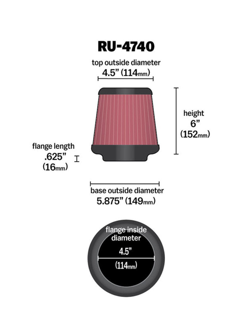 K&N Engineering K&N Filter Universal Rubber Filter Round Tapered 4.5in  Flange 5.875in Base 4.5 inch Top 6in  Height