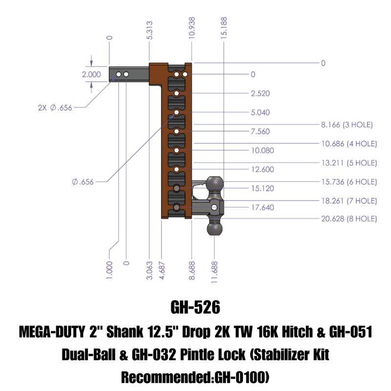 GEN-Y Hitch Gen-Y Mega Duty 2in Shank 12.5in Drop 16K Hitch w/Dual-Ball/Pintle Lock