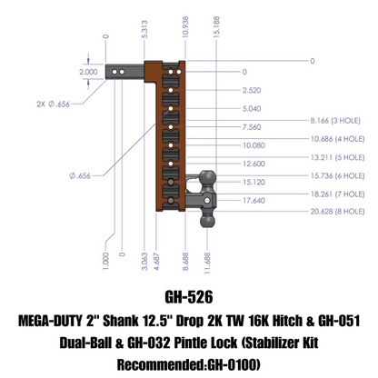 GEN-Y Hitch Gen-Y Mega Duty 2in Shank 12.5in Drop 16K Hitch w/Dual-Ball/Pintle Lock