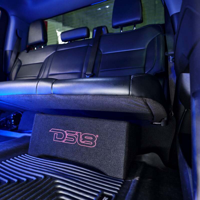 DS18 Single 10in Shallow Subwoofer and Enclosure 600 Watts RMS Downfiring Sealed Black Carpet