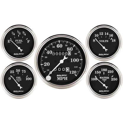 AutoMeter Auto Meter Gauge Kit 5 pc. 3 1/8in & 2 1/16in Mechanical Speedometer Old Tyme Black