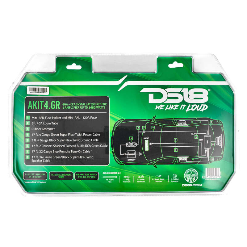 DS18 4-GA Amplifier Install Kit Advance- Green