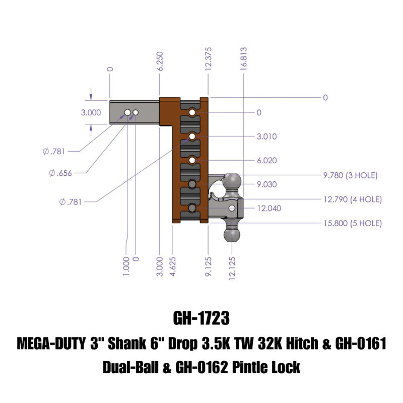 GEN-Y Hitch Gen-Y Mega Duty 3in Shank 6in Drop 3.5K TW 32K Hitch w/GH-0161 Dual-Ball/GH-0162 Pintle Lock