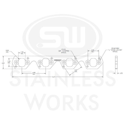 Stainless Works SBF Wide Rectangular Port Header Adapter 304SS Exhaust Flanges 1-7/8in-2in Primaries