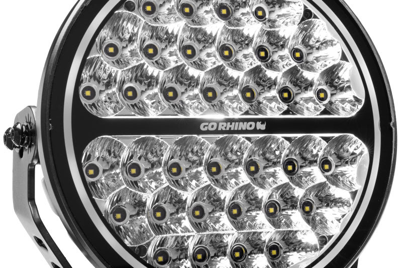 Go Rhino Xplor Blackout Series Round LED Sgl Driving Kit w/DRL (Surface/Thread Stud Mnt) 9in. - Blk