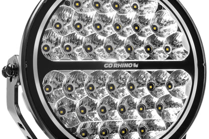 Go Rhino Xplor Blackout Series Round LED Sgl Driving Kit w/DRL (Surface/Thread Stud Mnt) 9in. - Blk