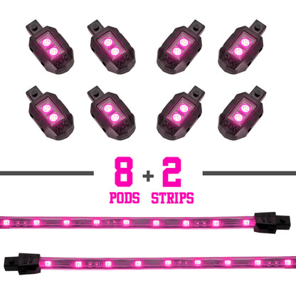XKGLOW XK Glow Strips Single Color XKGLOW LED Accent Light Motorcycle Kit Pink - 8xPod + 2x8In