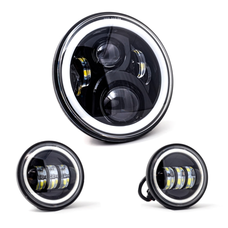 Letric Lighting 7in Full-Halo Black LED Headlight with (2) 4.5in Full-Halo Black Passing Lamps
