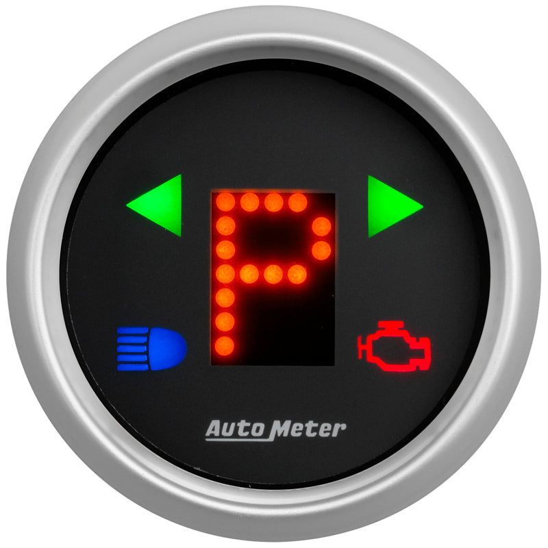 AutoMeter Gauge Gear Pos 2-1/16in. Incl Indicators Black Dial Red Led Silver Bezel