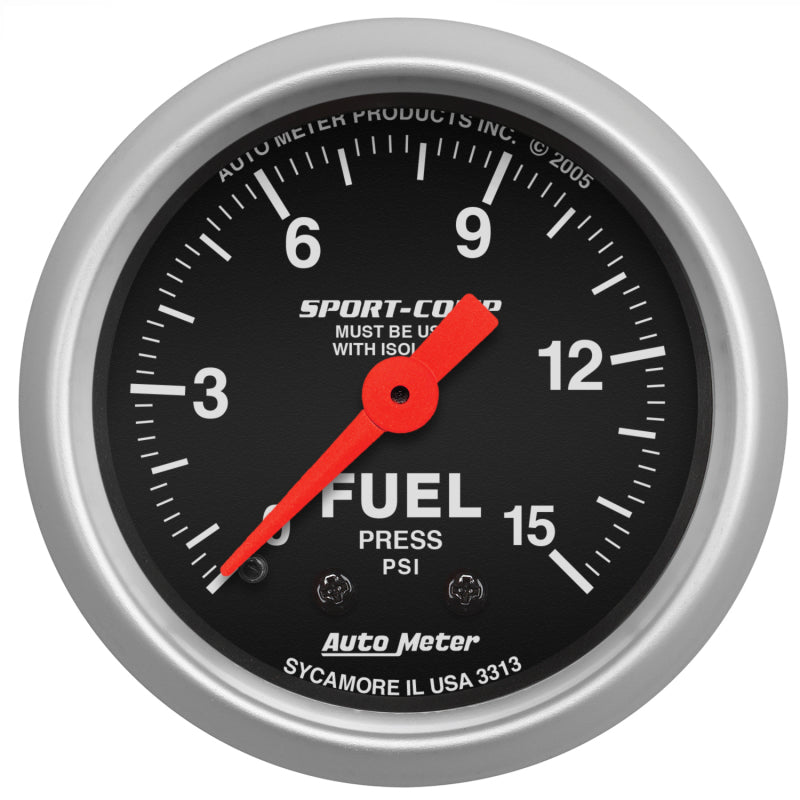 AutoMeter Gauge Fuel Pressure 2-1/16in. 15PSI Mechanical W/Isolator Sport-Comp