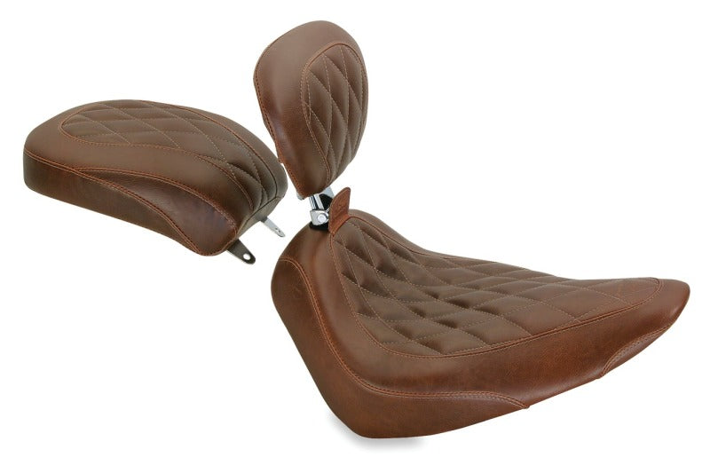 Mustang Motorcycle Mustang 84-06 Harley Standard Rear Tire Wide Tripper Solo Seat w/Driver Backrest - Distressed Brown