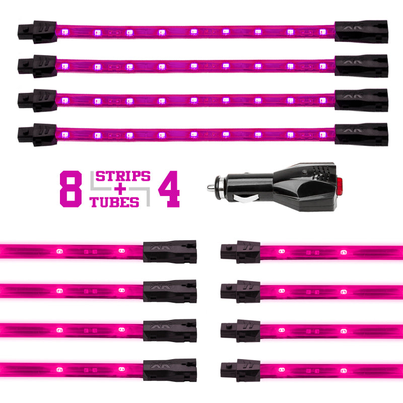 XKGLOW XK Glow Strip Single Color Underglow LED Accent Light Car/Truck Kit Pink - 8x24In Tube Car + 4x8In