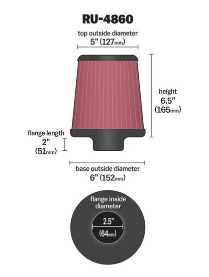 K&N Engineering K&N Filter Universal Rubber Filter 2 1/2 inch Flange 6 inch Base 5 inch Top 6 1/2 inch Height