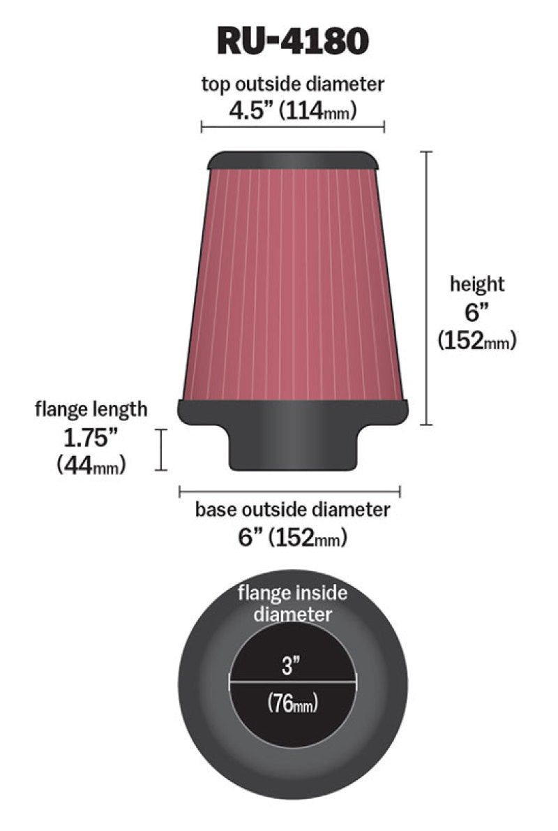 K&N Engineering K&N Universal Clamp-On Air Filter 3in FLG / 6in B / 4-1/2in T / 6in H