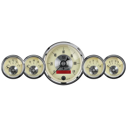 AutoMeter Gauge Kit 5 Pc. 3-3/8in. & 2-1/16in. Elec. Speedo W/Lcd Odo Prestige Antique. Ivory