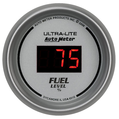 Autometer Ultra-Lite Digital 2-1/16in 0-280 OHM Silver Dial w/ Red LED Programmable Fuel Level Gage