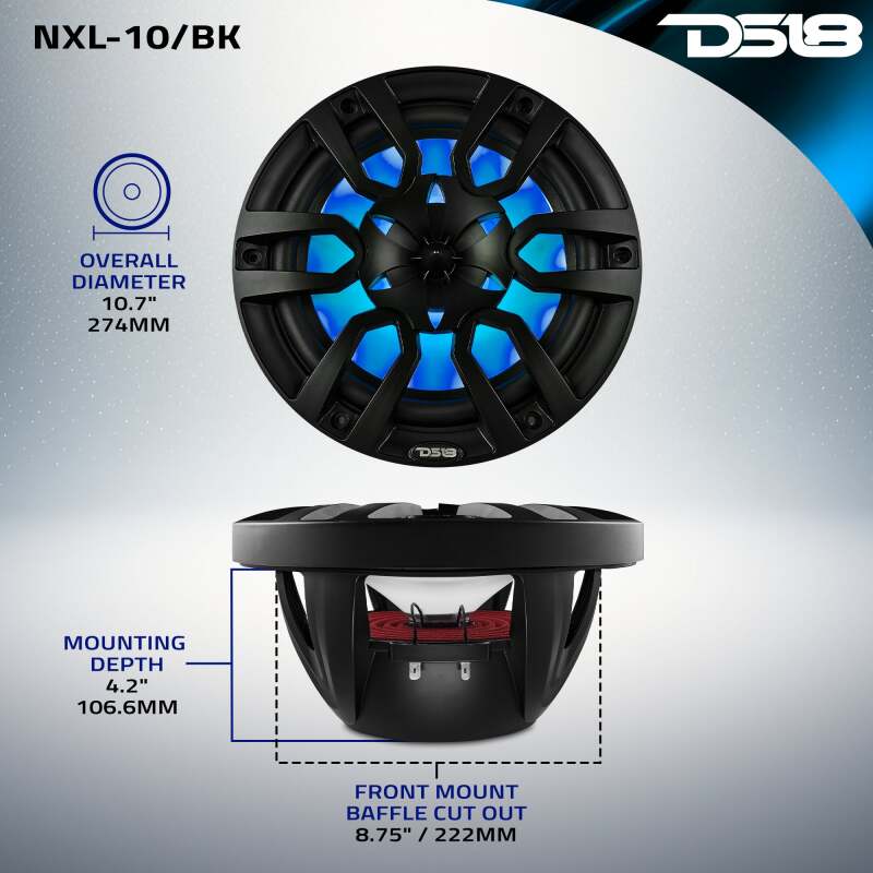 DS18 NXL Series Coaxial Marine Speaker w/ RGB Lights 10in 2-Way 200Watts RMS 4 ohm Black w/ Cover