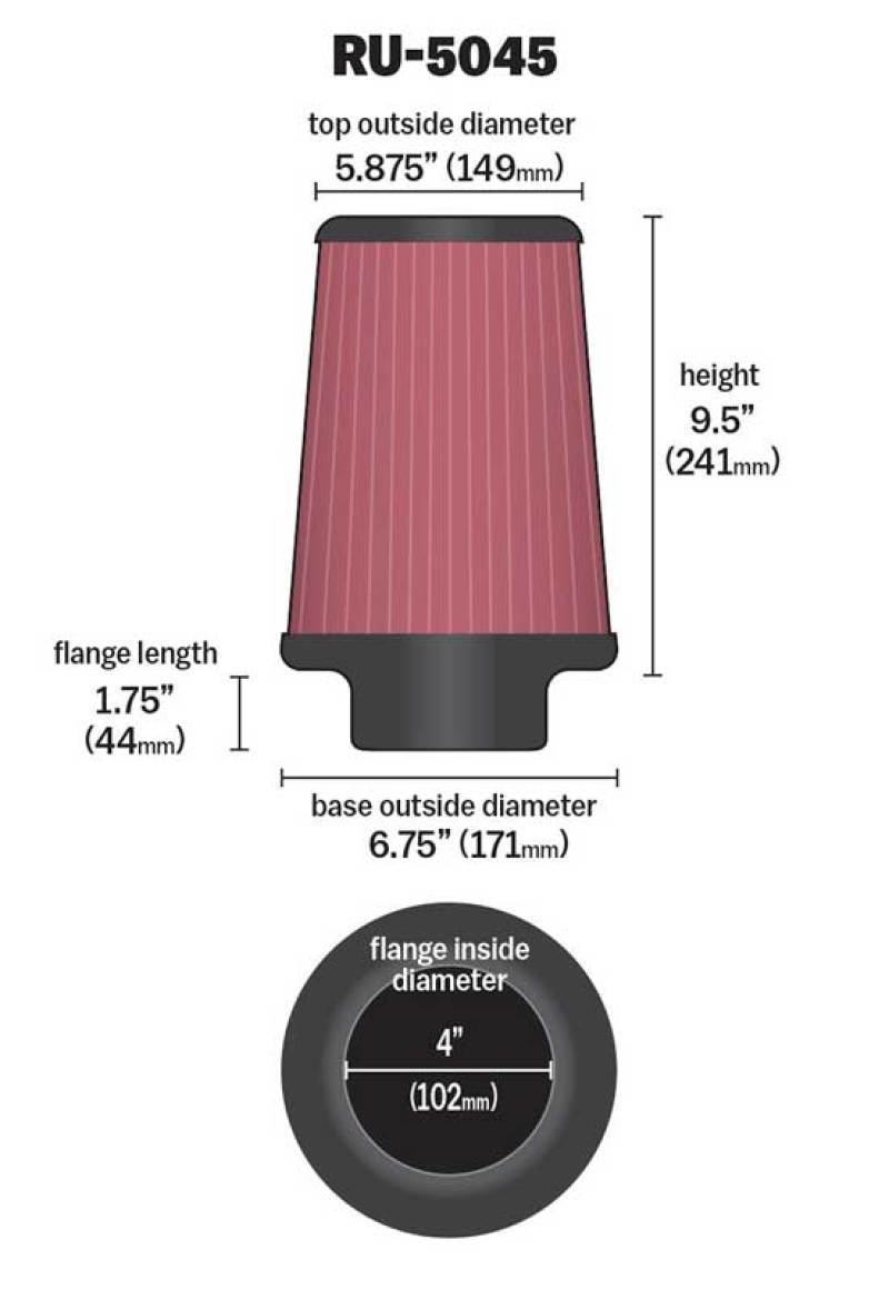 K&N Engineering K&N Filter 4 inch Flange 6 3/4 inch OD Base 5 7/8 inch OD Top 9 1/2 inch Height