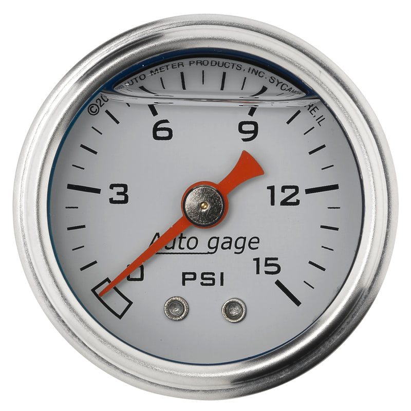 Autometer AutoGage 1.5in Liquid Filled Mechanical 0-15 PSI Fuel Pressure Gauge - White