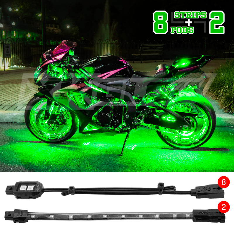 XKGLOW XK Glow Strips Single Color XKGLOW LED Accent Light Motorcycle Kit Green - 8xPod + 2x8In