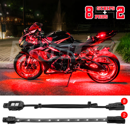 XKGLOW XK Glow Single Color XKGLOW LED Accent Light Motorcycle Kit Red - 8xPod + 2x8InStrips