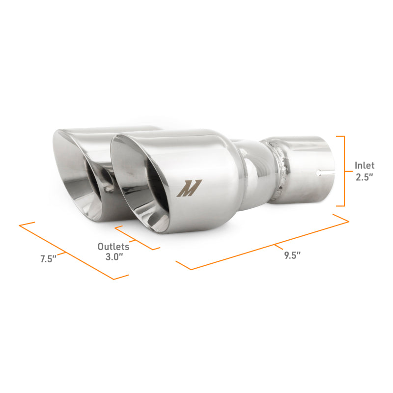 Mishimoto Dual Offset Tips 2.5in Inlet 3in Outlet Slash Cut - Polished