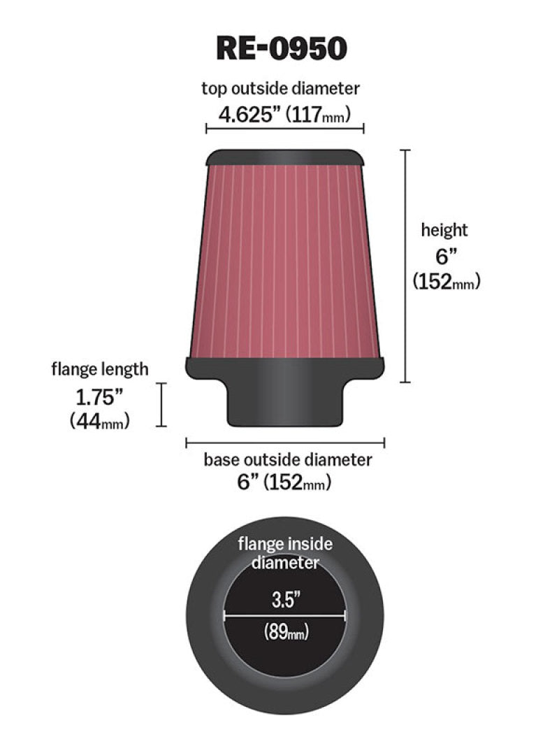 K&N Engineering K&N Universal Rubber Filter 3 1/2inch ID FLG / 6inch Base / 4-5/8inch Top / 6inch Height