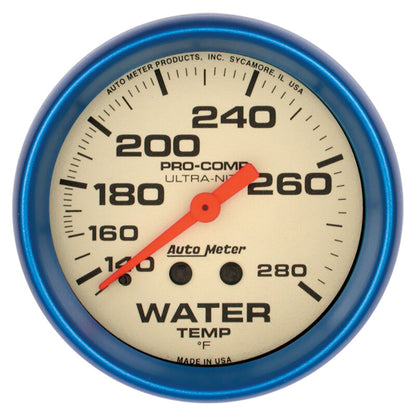 Autometer Ultra-Nite 2-5/8in 140-280 Deg F Mechanical Glow In The Dark Water Temp Gauge