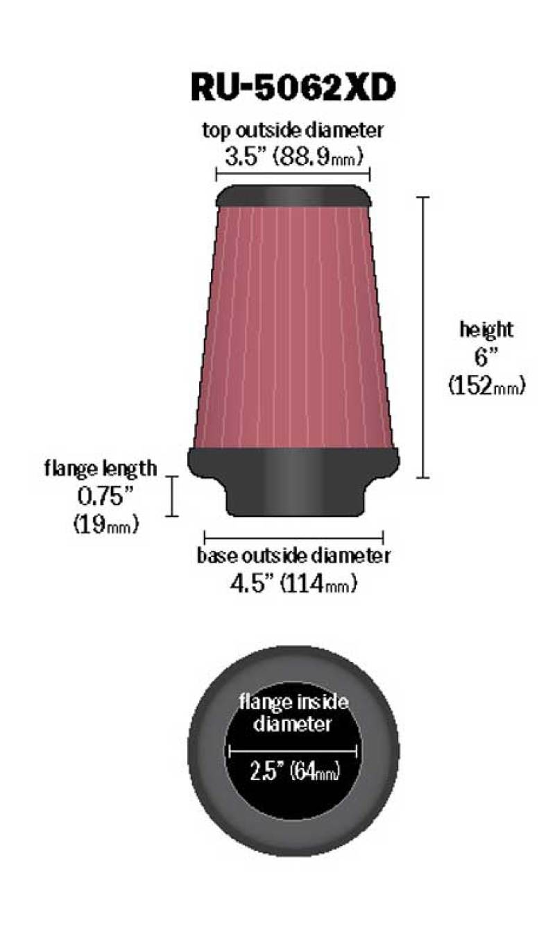 K&N Engineering K&N Universal Rubber Filter 2-1/2in Flg / 4-1/2in OD B / 3-1/2in OD T / 6in H - Black Top