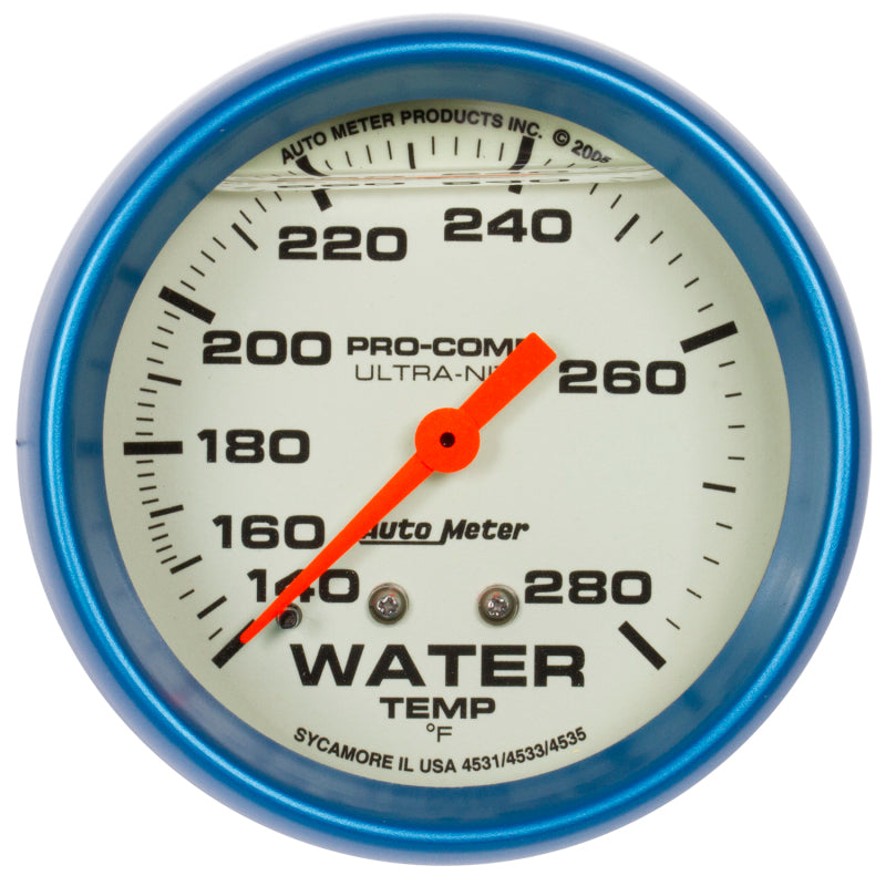 AutoMeter Gauge Wtemp 2-5/8in. 140-280 Deg. F Liq Filled Mech 4ft. Glow In Dark Ultra-Nite