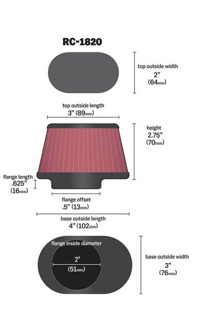 K&N Engineering K&N Filter Universal Clamp-On Filter 2in Flange / 2-23/32in Base / 3in x 2in Top / 2-3/4in Height