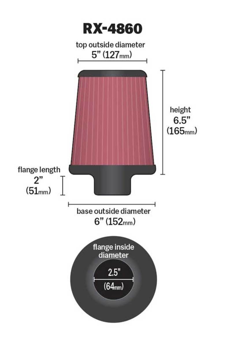 K&N Engineering K&N Filter Universal X-Stream Clamp-On Round Tprd 2.5in Flng ID x 6in Base OD x 5in Top OD x 6.5in H