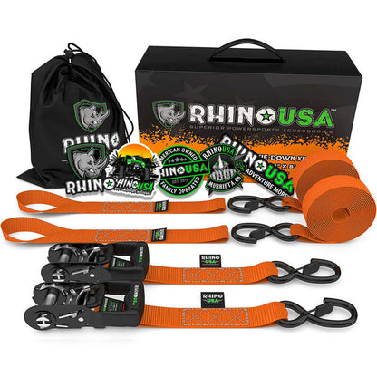 Rhino USA Heavy Duty Ratchet Tie-Downs 2-Pack (Orange) 1.6In X 8Ft