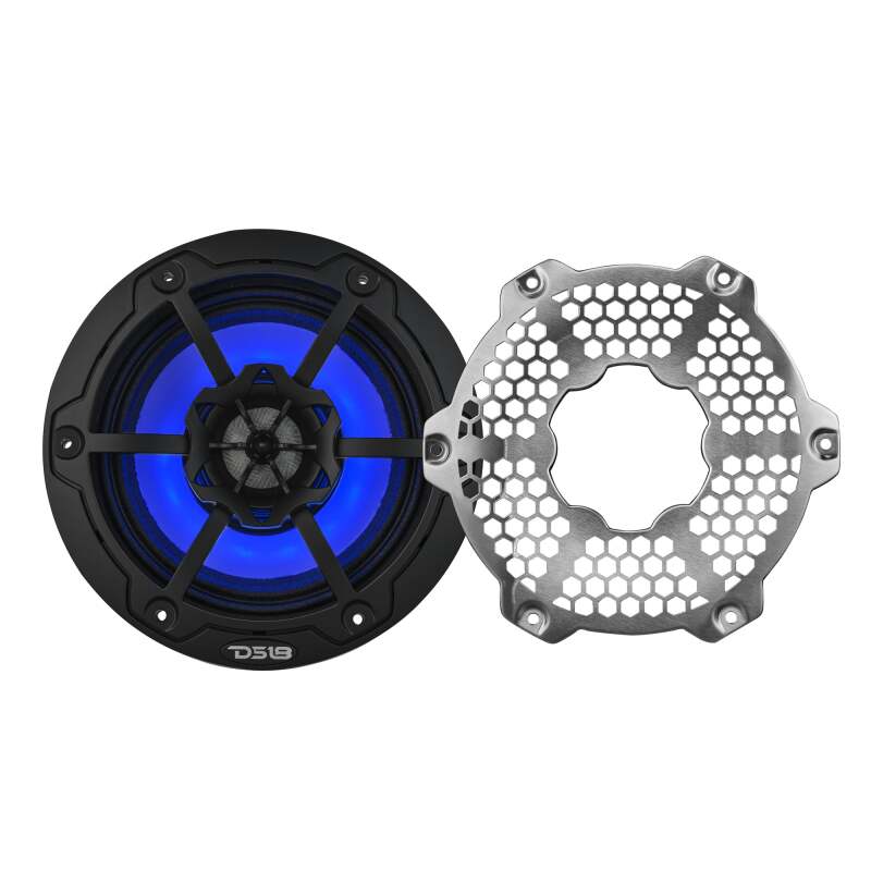 DS18 Hybrid Marine Speaker w/ Driver And RGB LEDs 6.5in 2-Way 250 Watts RMS 4 ohm Black w/ Covers