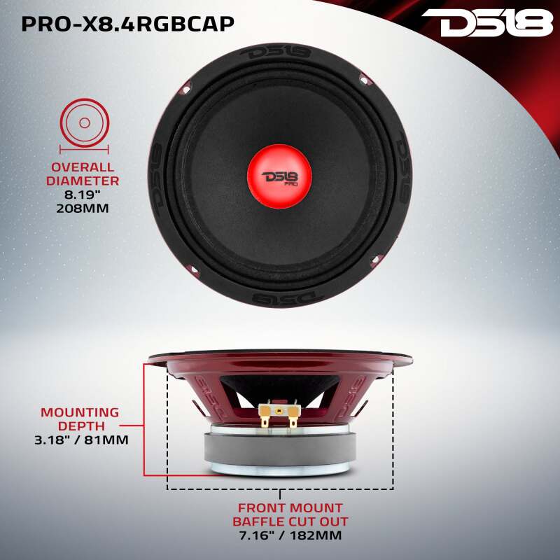 DS18 8in 275 Watts RMS 4 ohm Mid-Range Loudspeaker w/ RGB Dust Cap