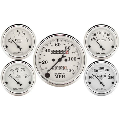 AutoMeter Auto Meter Speedometer 3-1/8in and 2-1/16in Mechanical 5-Piece Old Tyme White Gauge Kit